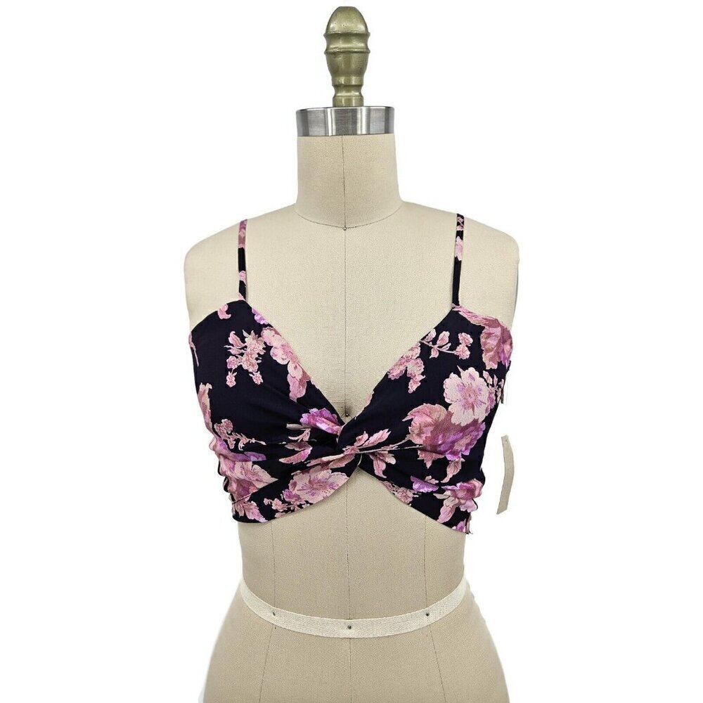 New Flynn Skye Emily Crop Tank Top Womens S Black Blossoms Pink Floral Rayon